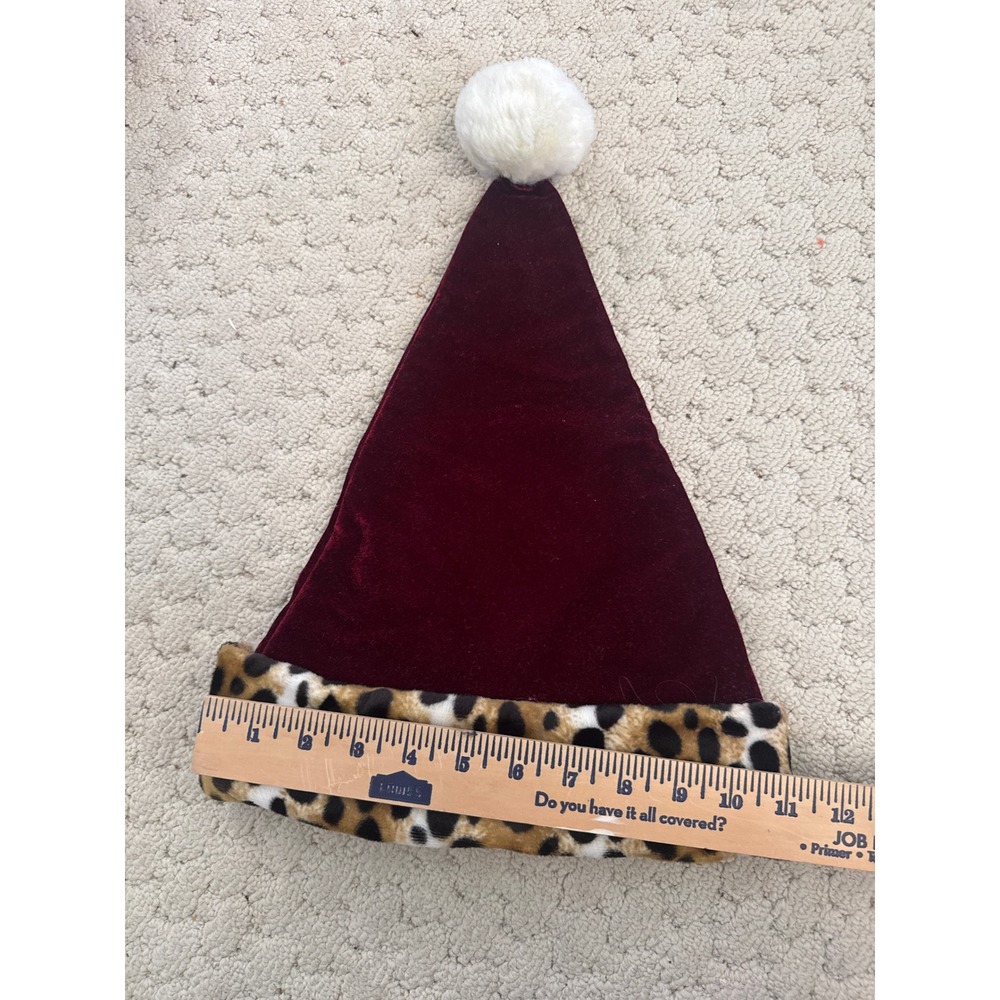 Burgundy Velvet Santa Hat Leopard Print Faux Fur Trim White Pom Pom Medium